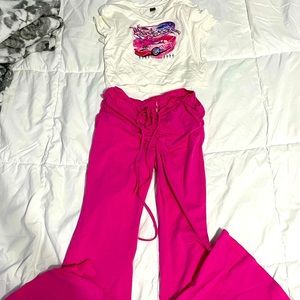 Shein Pink Ruched Flare Pants & matching Top
